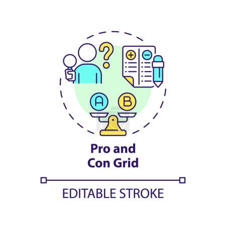 Pro and con grid multi color concept icon. List of advantages and disadvantages. Analysis, evaluation skills. Round shape line illustration. Abstract idea. Graphic design. Easy to use in presentation
