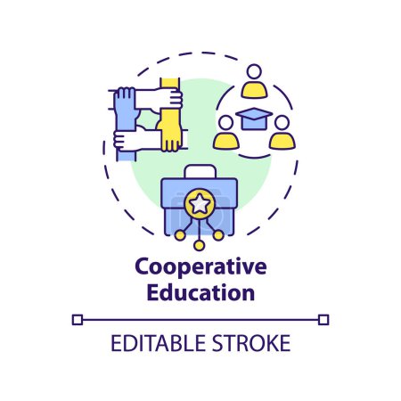 Icono de concepto multicolor de educación cooperativa. Combinar el aprendizaje en el aula con la experiencia laboral práctica. Ilustración de línea de forma redonda. Una idea abstracta. Diseño gráfico. Fácil de usar en presentación