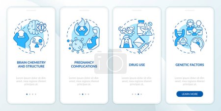 Schizophrenia causes blue onboarding mobile app screen. Risk factors. Walkthrough 4 steps editable graphic instructions with linear concepts. UI, UX, GUI template. Myriad Pro-Bold, Regular fonts used