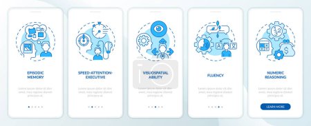 Domains of cognitive function blue onboarding mobile app screen. Walkthrough 5 steps editable graphic instructions with linear concepts. UI, UX, GUI template. Myriad Pro-Bold, Regular fonts used