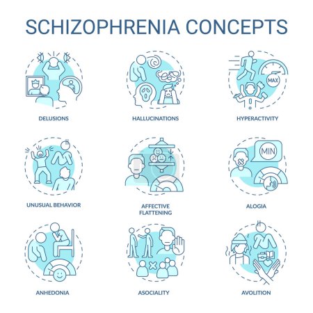 Schizophrenia disorder soft blue concept icons. Icon pack. Vector images. Round shape illustrations for infographic, presentation, brochure, booklet, promotional material, article. Abstract idea