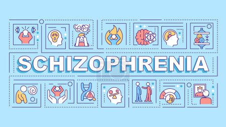 Illustration for Schizophrenia turquoise word concept. Genetic disorder, brain illness. Typography banner. Flat design. Vector illustration with title text, editable line icons. Ready to use. Arial Black font used - Royalty Free Image