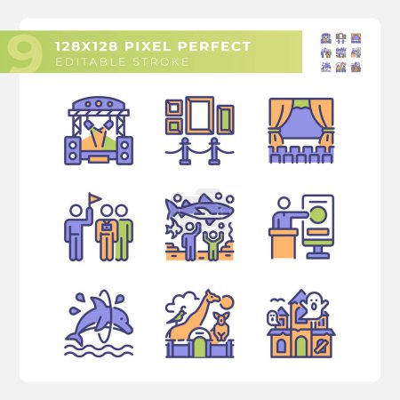 Entertainment events pixel perfect RGB color icons set. Touristic attractions. Theater performances. Isolated vector illustrations. Simple filled line drawings collection. Editable stroke