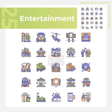 Entertainment activities pixel perfect RGB color icons set. Amusement park attractions. Family vacation. Isolated vector illustrations. Simple filled line drawings collection. Editable stroke