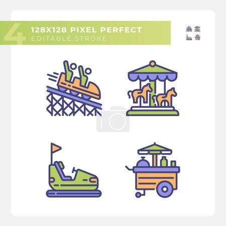 Illustration for Riding amusement pixel perfect RGB color icons set. Fairground attraction, vacation. Roundabout carousel. Isolated vector illustrations. Simple filled line drawings collection. Editable stroke - Royalty Free Image