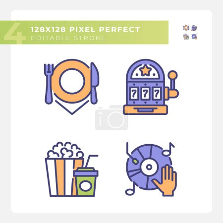 Leisure activities pixel perfect RGB color icons set. Casino slot machine. Music player, food snacks. Isolated vector illustrations. Simple filled line drawings collection. Editable stroke