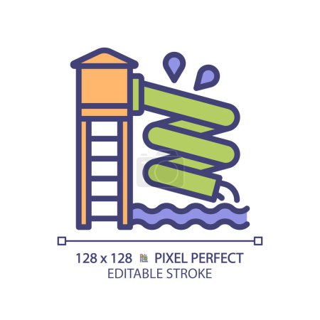Waterslide pixel perfect RGB color icon. Aqua park attraction. Family vacation. Leisure activity. Water playground. Isolated vector illustration. Simple filled line drawing. Editable stroke