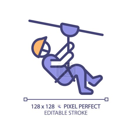 Zip line ride pixel perfect RGB color icon. Dangerous sport attraction. Extreme activity. Outdoor adventure. Isolated vector illustration. Simple filled line drawing. Editable stroke