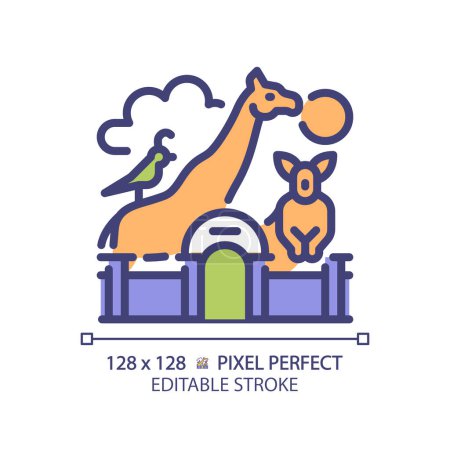Zoo life exhibition pixel perfect RGB color icon. Zoological park, wildlife preservation. Animal habitats. Isolated vector illustration. Simple filled line drawing. Editable stroke