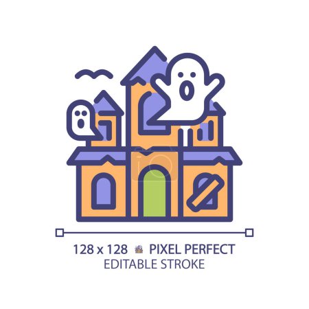Casa embrujada píxel perfecto icono de color RGB. Castillo de Halloween, atracción del parque temático. Animación sobrenatural. Ilustración vectorial aislada. Dibujo de línea simple lleno. Carrera editable