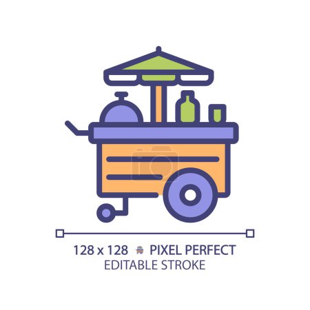 Food cart amusement pixel perfect RGB color icon. Carnival popcorn stand. Mobile kitchen, fastfood business. Isolated vector illustration. Simple filled line drawing. Editable stroke