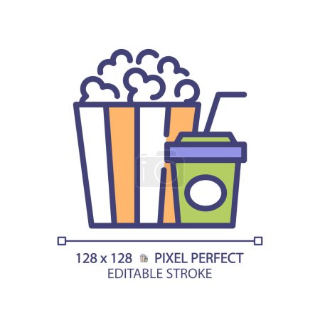 Film Popcorn Eimer Pixel perfekte RGB-Farb-Symbol. Kino Leckerbissen, Theater Leckereien. Junk Food, gestreifte Schachtel. Isolierte Vektorillustration. Einfache ausgefüllte Linienzeichnung. Essbarer Schlaganfall