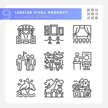 Entertainment events pixel perfect linear icons set. Touristic attractions. Theater performances. Customizable thin line symbols. Isolated vector outline illustrations. Editable stroke