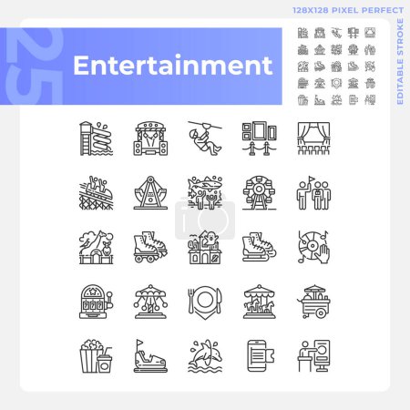 Entertainment activities pixel perfect linear icons set. Amusement park attractions. Family vacation. Customizable thin line symbols. Isolated vector outline illustrations. Editable stroke