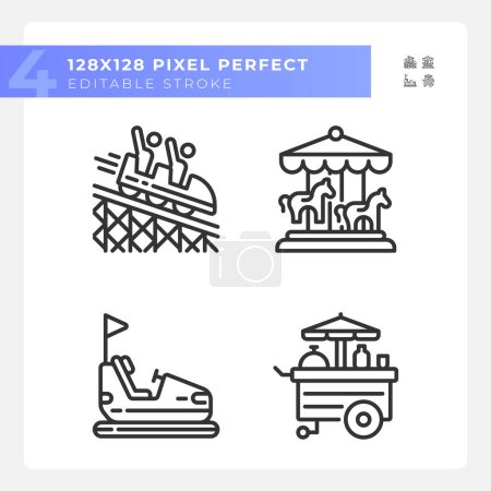 Riding amusement pixel perfect linear icons set. Fairground attraction. Adrenaline vacation. Roundabout carousel. Customizable thin line symbols. Isolated vector outline illustrations. Editable stroke