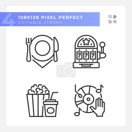 Leisure activities pixel perfect linear icons set. Casino slot machine. Music player, food snacks. Customizable thin line symbols. Isolated vector outline illustrations. Editable stroke