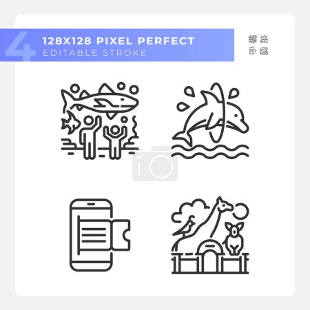 Zoo exhibit pixel perfect linear icons set. Online booking. Aquatic show, animal habitats. Zoological park. Customizable thin line symbols. Isolated vector outline illustrations. Editable stroke