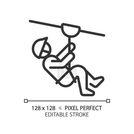 Zip Line Ride Pixel perfekte lineare Symbol. Gefährliche Sportattraktion. Extreme Aktivität. Abenteuer im Freien. Dünnschichtillustration. Konturensymbol. Vektorumrisszeichnung. Essbarer Schlaganfall