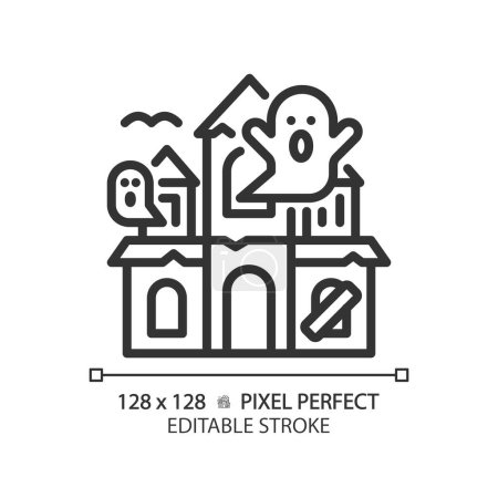 Illustration for Haunted house pixel perfect linear icon. Halloween castle, thematical park attraction. Supernatural entertainment. Thin line illustration. Contour symbol. Vector outline drawing. Editable stroke - Royalty Free Image