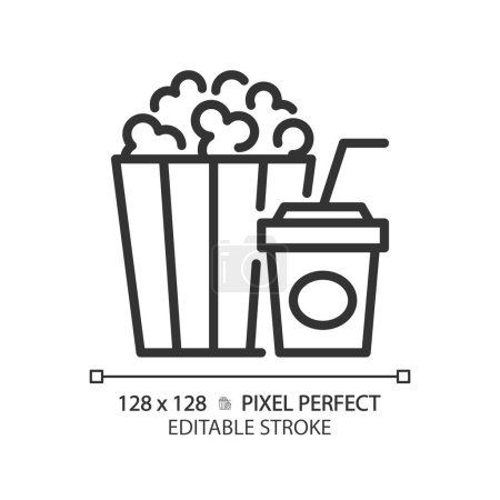 Film popcorn seau pixel parfaite icône linéaire. Snack cinéma, friandises théâtre. Nourriture pourrie, boîte rayée. Illustration fine. Symbole de contour. Schéma vectoriel. Course modifiable