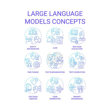 Illustration for Large language models blue gradient concept icons. Virtual assistance, machine learning. Icon pack. Vector images. Round shape illustrations. Abstract idea - Royalty Free Image