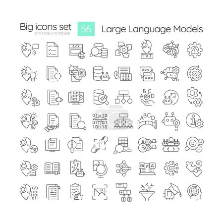 Large language models linear icons set. Artificial intelligence. Data engineering. Digital assistance. Customizable thin line symbols. Isolated vector outline illustrations. Editable stroke