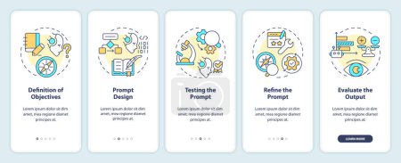 Improve prompt engineering process onboarding mobile app screen. Walkthrough 5 steps editable graphic instructions with linear concepts. UI, UX, GUI template. Myriad Pro-Bold, Regular fonts used 
