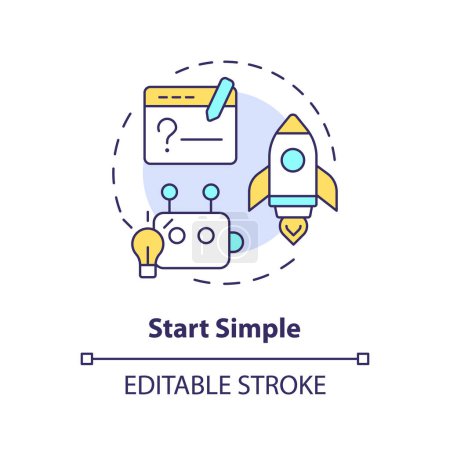 Start simple multi color concept icon. Prompt engineering tips. Design clear instruction. Ask basic question. Round shape line illustration. Abstract idea. Graphic design. Easy to use in article