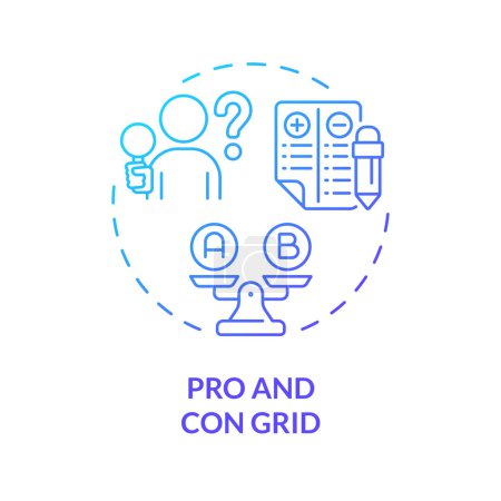 Pro and con grid blue gradient concept icon. List of advantages, disadvantages. Analysis, evaluation skills. Round shape line illustration. Abstract idea. Graphic design. Easy to use in presentation