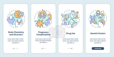 Schizophrenia causes onboarding mobile app screen. Risk factors. Walkthrough 4 steps editable graphic instructions with linear concepts. UI, UX, GUI template. Myriad Pro-Bold, Regular fonts used