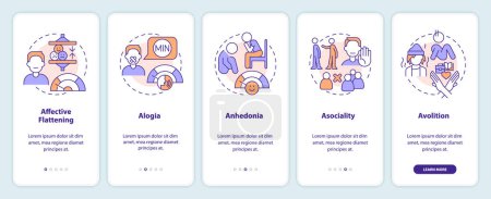 Schizophrenia negative symptoms onboarding mobile app screen. Walkthrough 5 steps editable graphic instructions with linear concepts. UI, UX, GUI template. Myriad Pro-Bold, Regular fonts used