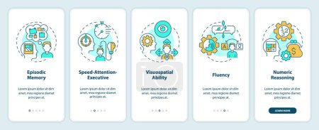 Domains of cognitive function onboarding mobile app screen. Walkthrough 5 steps editable graphic instructions with linear concepts. UI, UX, GUI template. Myriad Pro-Bold, Regular fonts used