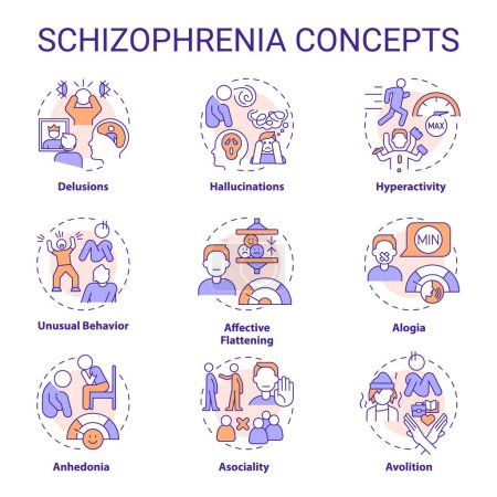 Trastorno de la esquizofrenia iconos concepto multicolor. Paquete de iconos. Imágenes vectoriales. Ilustraciones en forma redonda para infografía, presentación, folleto, folleto, material promocional. Idea abstracta
