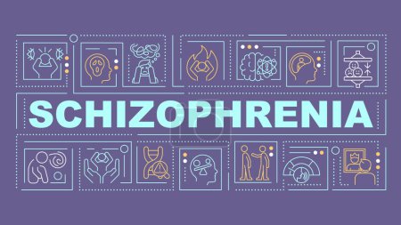 Illustration for Schizophrenia blue word concept. Personality disorder. Psychotic symptoms. Typography banner. Flat design. Vector illustration with title text, editable line icons. Ready to use. Arial Black font used - Royalty Free Image