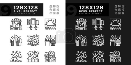 Entertainment events pixel perfect linear icons set for dark, light mode.Touristic attractions. Theater performances. Thin line symbols for night, day theme. Isolated illustrations. Editable stroke