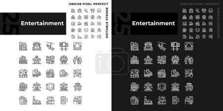 Entertainment activities pixel perfect linear icons set for dark, light mode. Amusement attractions. Family vacation. Thin line symbols for night, day theme. Isolated illustrations. Editable stroke