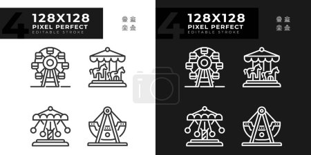 Fairground attractions pixel perfect linear icons set for dark, light mode. Thematical park. Festival entertainment. Thin line symbols for night, day theme. Isolated illustrations. Editable stroke