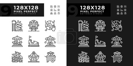 Illustration for Amusement park attractions pixel perfect linear icons set for dark, light mode. Fairground activities. Family vacation. Thin line symbols for night, day theme. Isolated illustrations. Editable stroke - Royalty Free Image