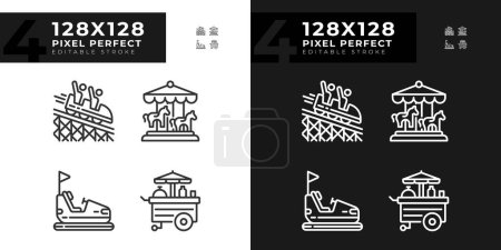 Illustration for Riding amusement pixel perfect linear icons set for dark, light mode. Fairground attraction. Roundabout carousel. Thin line symbols for night, day theme. Isolated illustrations. Editable stroke - Royalty Free Image