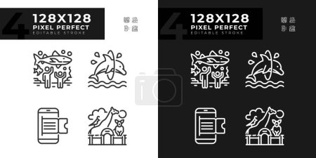 Zoo zeigen perfekte lineare Pixelsymbole, die für den dunklen, hellen Modus eingestellt sind. Online-Buchung. Wassershow. Tiergarten. Thin Line Symbole für Nacht, Tag Thema. Vereinzelte Illustrationen. Essbarer Schlaganfall