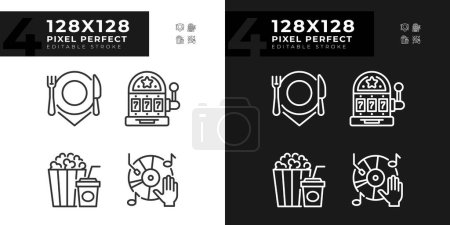 Leisure activities linear icons set for dark, light mode. Casino slot machine. Music player, food snacks. Thin line symbols for night, day theme. Isolated illustrations. Editable stroke
