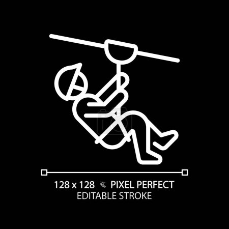 Zip line ride pixel perfect white linear icon for dark theme. Dangerous sport attraction. Extreme activity. Outdoor adventure. Thin line illustration. Isolated symbol for night mode. Editable stroke