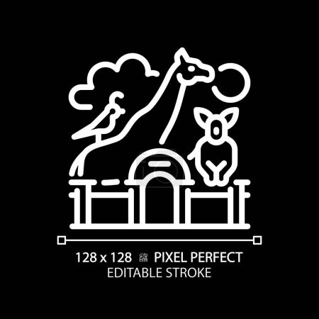 Zoo life exhibition pixel perfect white linear icon for dark theme. Zoological park, wildlife preservation. Animal habitats. Thin line illustration. Isolated symbol for night mode. Editable stroke