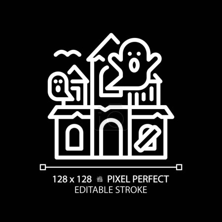 Haunted house pixel perfect white linear icon for dark theme. Thematical park attraction. Supernatural entertainment. Thin line illustration. Isolated symbol for night mode. Editable stroke