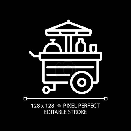 Food cart amusement pixel perfect white linear icon for dark theme. Carnival popcorn stand. Mobile kitchen, fastfood business. Thin line illustration. Isolated symbol for night mode. Editable stroke