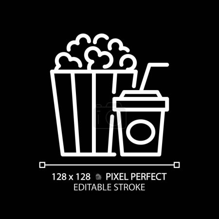 Film popcorn seau pixel parfait icône linéaire blanche pour thème sombre. Snack cinéma, friandises théâtre. Nourriture pourrie, boîte rayée. Illustration fine. Symbole isolé pour le mode nuit. Course modifiable