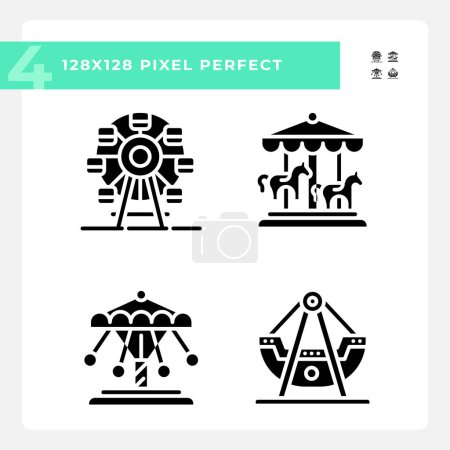 Fairground attractions pixel perfect black glyph icons set on white space. Thematical park, leisure activity. Customizable thin line symbols. Isolated vector outline illustrations. Editable stroke