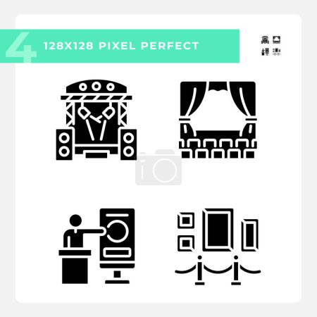 Cultural events pixel perfect black glyph icons set on white space. Music festival. Theatrical performance. Customizable thin line symbols. Isolated vector outline illustrations. Editable stroke
