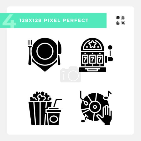 Leisure activities pixel perfect black glyph icons set on white space. Casino slot. Music player, food snacks. Customizable thin line symbols. Isolated vector outline illustrations. Editable stroke
