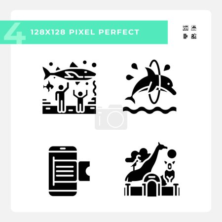 Zoo exhibit pixel perfect black glyph icons set on white space. Online booking. Aquatic show. Zoological park. Customizable thin line symbols. Isolated vector outline illustrations. Editable stroke